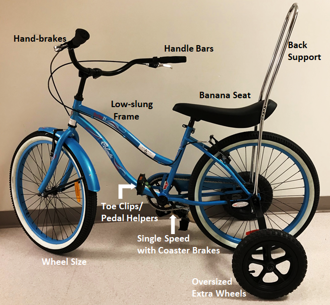 bike showing hand brakes, handle bars, back support, banana seat, low-slung frame, toe clips and pedal helpers, over sized wheels