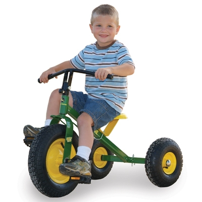 john deere trike with children pedaling bike