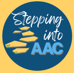written label stepping into AAC in a blue circle with stepping stones
