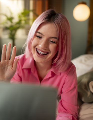 Teen talking over tech