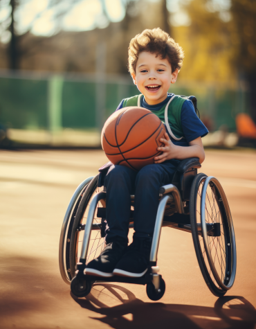 child in wheelchair with basketball