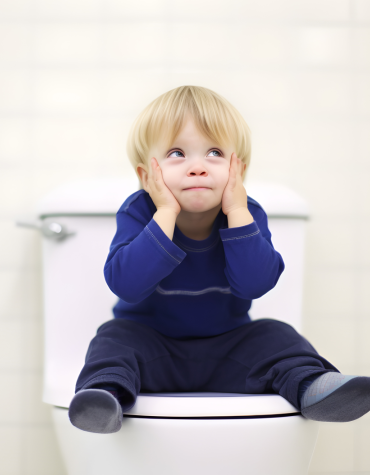 small boy sitting on top of toilet