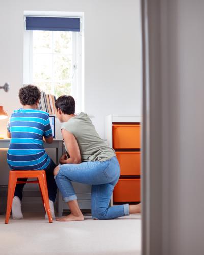 Back view of kneeling woman and sitting child, looking at a computer screen on a desk.